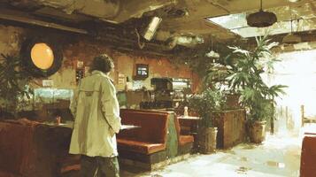 Person in Beige Jacket Inside a Vintage Diner with Warm Lighting photo