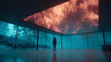 Silhouette in Modern Glass Building with Nebula Ceiling and Misty Forest photo