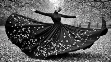 Serene Ballerina in Flowing Black Gown Meditates in Autumnal Landscape photo