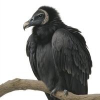 Black Vulture Perched on Branch Against White Background photo