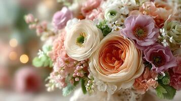 Colorful floral arrangement featuring soft pastel blooms in a cozy indoor setting with decorative lights photo
