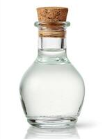 Clear Glass Cordial Bottle with Cork Stopper on White Background photo