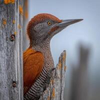 Brown Woodpecker on Weathered Post Close up photo