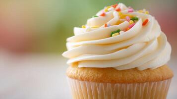 Close Up of Vanilla Cupcake with Creamy Frosting and Sprinkles photo