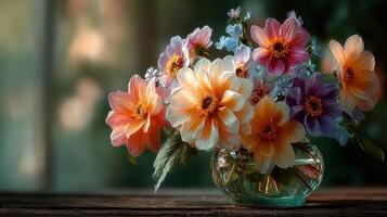 Colorful bouquet of flowers in glass vase on wooden table, highlighting nature's beauty indoors photo