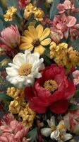 Vibrant floral arrangement featuring peonies, daisies, and blossoms in various hues against a dark background photo