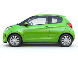 Mini car,Lime Green Hatchback Car Side Profile on White Background photo