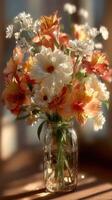 Colorful bouquet of flowers in a glass vase placed on a wooden table near a window with sunlight filtering through photo