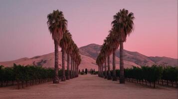 Picturesque Vineyard at Sunset with Palm Tree Pathway photo