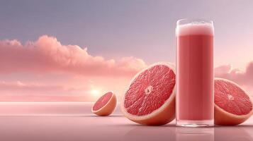 Pink Grapefruit Smoothie at Sunset Glass of Refreshing Beverage with Halved Fruit on Pink Surface photo