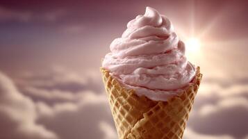 Pink Frozen Yogurt Ice Cream Cone at Sunset photo