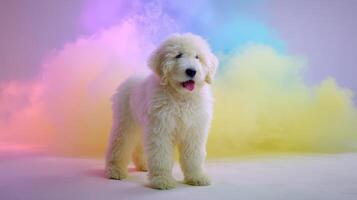 Playful White Puppy in Colorful Smoke Studio Portrait photo