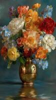 Vibrant floral arrangement in a golden vase reflecting serene colors photo