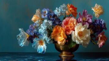 Vibrant bouquet of colorful flowers in a golden vase on a blue background, showcasing nature's beauty and artistic arrangement photo