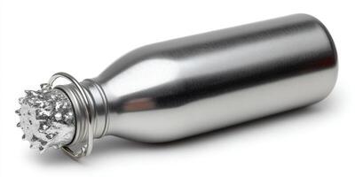 Silver Metallic Bottle Opener with Crown like Detail on White Background photo