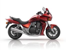 Sleek Ruby Red Sport Motorcycle on White Background photo
