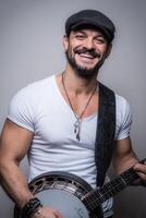 Smiling Man with Banjo in Studio Portrait photo