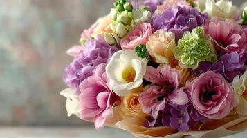 Beautiful bouquet of assorted flowers in pastel shades arranged elegantly for a special occasion photo