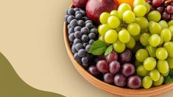 Vibrant Fruit Platter with Grapes and Stone Fruit in Rustic Bowl photo
