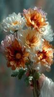 Beautiful bouquet of orange and white chrysanthemums held gracefully in a hand against a soft background photo
