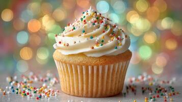 Vanilla Cupcake with Colorful Sprinkles on Bokeh Background photo