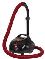 Black Handheld Vacuum Cleaner with Red Hose on White Background photo