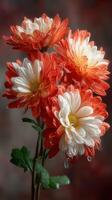 Bright orange and white chrysanthemums glisten with droplets after a refreshing rain in a serene garden setting photo