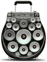 Black Portable Speaker with Multiple Silver Speakers on White Background photo