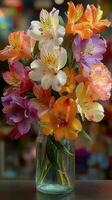 Colorful alstroemeria bouquet displayed in a clear glass vase at a vibrant flower shop photo