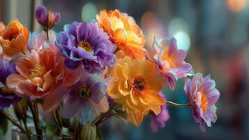 Colorful bouquet of flowers showcasing vibrant blooms in a well-lit setting with blurred background elements capturing warmth and tranquility photo