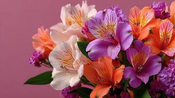 Beautiful bouquet of colorful flowers showcasing vibrant Alstroemeria and other blooms against a pink background photo