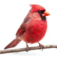 Red Cardinal Perched on Twig Against White Background photo