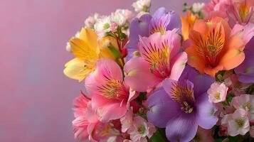 Colorful bouquet of alstroemeria flowers arranged beautifully against a soft pink background photo