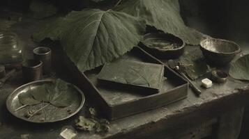Antique Metal Tools and Pressed Green Leaves on Rustic Wooden Table photo