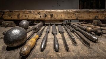 Antique Papermaking Tools on Rustic Wooden Workbench photo