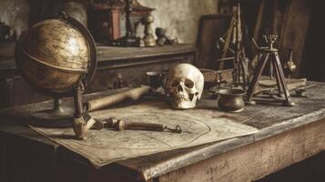 Antique Skull and Scientific Instruments on Weathered Wooden Table photo