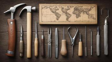 Antique Tools and Vintage World Map on Rustic Wooden Surface photo