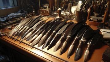 Artisan Feather Pens on Wooden Desk in Dark Studio photo