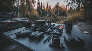 Birdwatching Gear on Rustic Table in Autumn Forest at Dawn photo
