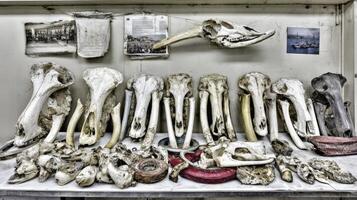 Bleached Animal Skulls and Bones Arranged on White Surface with Artifacts photo