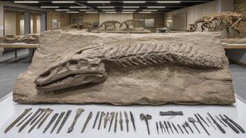 Fossilized Marine Reptile Skeleton with Paleontological Tools in Museum Setting photo