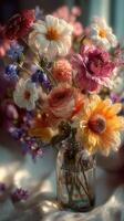 Colorful mixed bouquet with various flowers captured in soft natural light on a sunny day photo