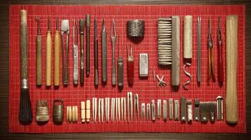 Bonsai Maintenance Tools on Red Mat Flatlay Photography photo