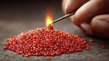 Artisan Shaping Vibrant Red Glass Beads with Heated Tool photo