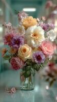 Colorful bouquet of fresh flowers arranged in a glass vase in a soft focus environment with muted tones photo