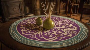 Green Vase with Reed Diffuser on Purple and Teal Aromatherapy Mat photo