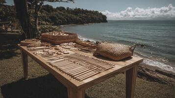 Golden Shell Crafting Supplies on Beachside Table photo