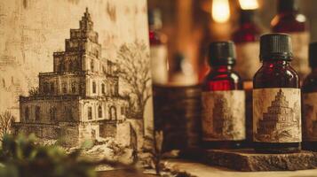 Antique Building Illustration on Amber Bottles and Wooden Surface photo