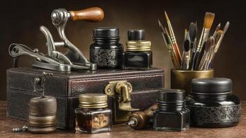 Antique Inkwells Brushes and Embosser on Wooden Desk photo