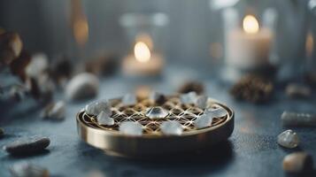Brass Crystal Grid on Dark Blue Surface with Candles photo
